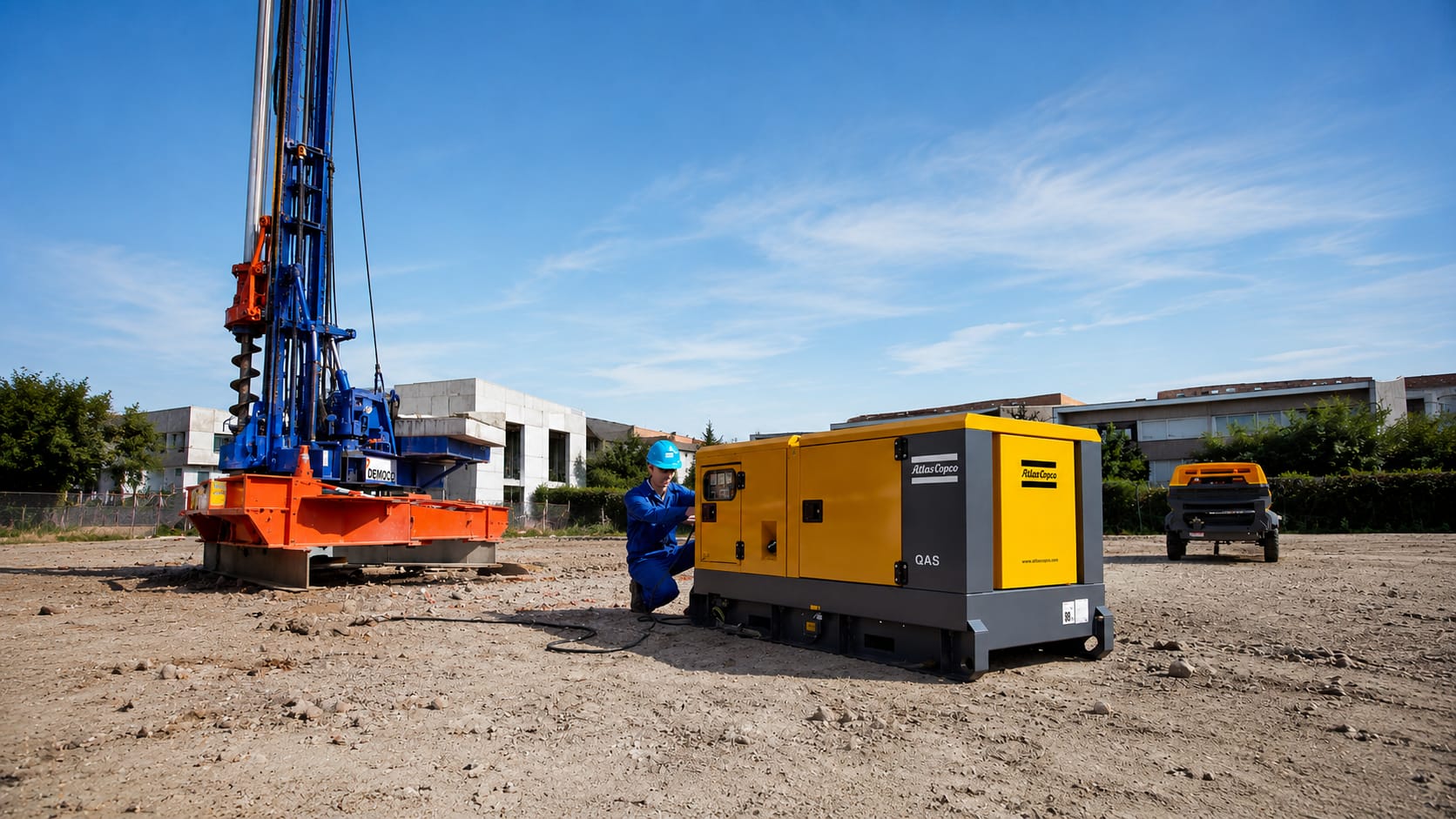 Técnico ao lado de gerador Atlas Copco QAS em obra atendida pela ACB Sul
